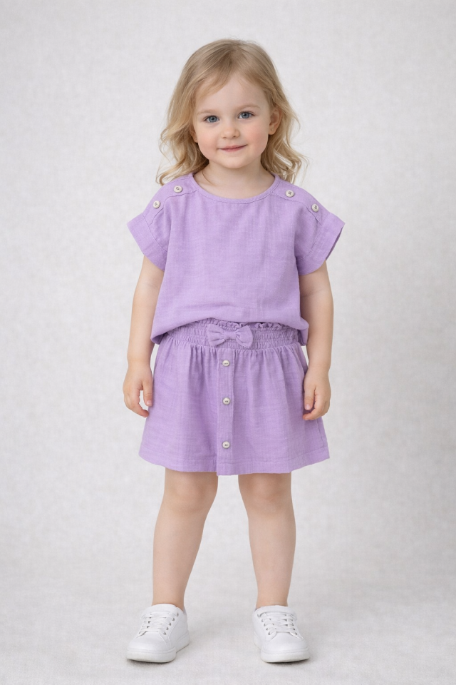 2-6 Yaş Kız Çocuk Lila Müslin Bluz Omuz Düğmeli