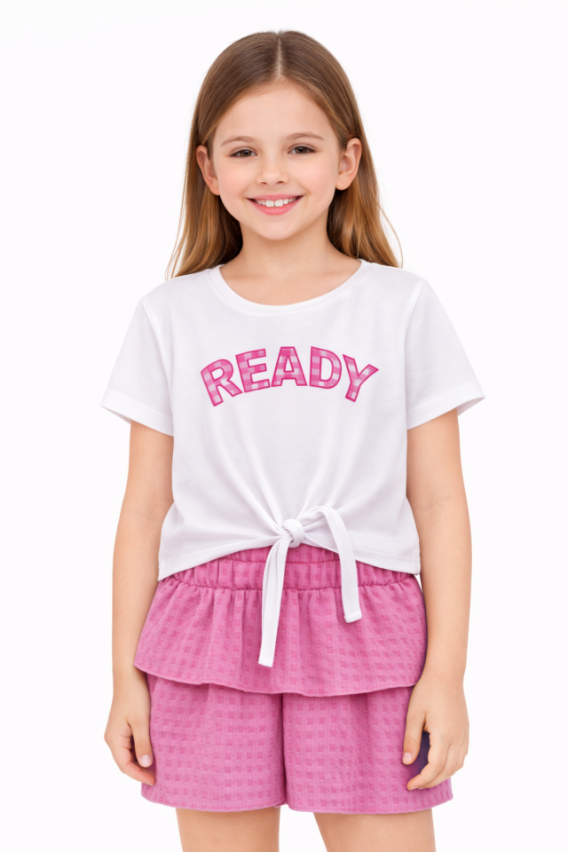 2-6 Yaş Kız Çocuk Baskılı Tişört Fırfırlı Pembe Etek Takım