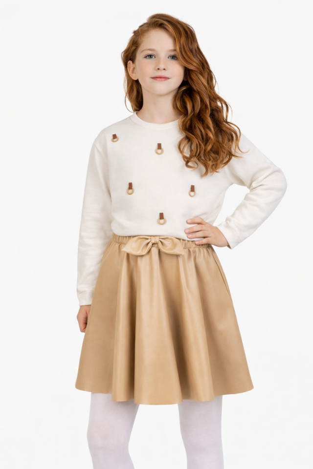 6-14 Yaş Kız Çocuk Camel Deri Etekli Takım