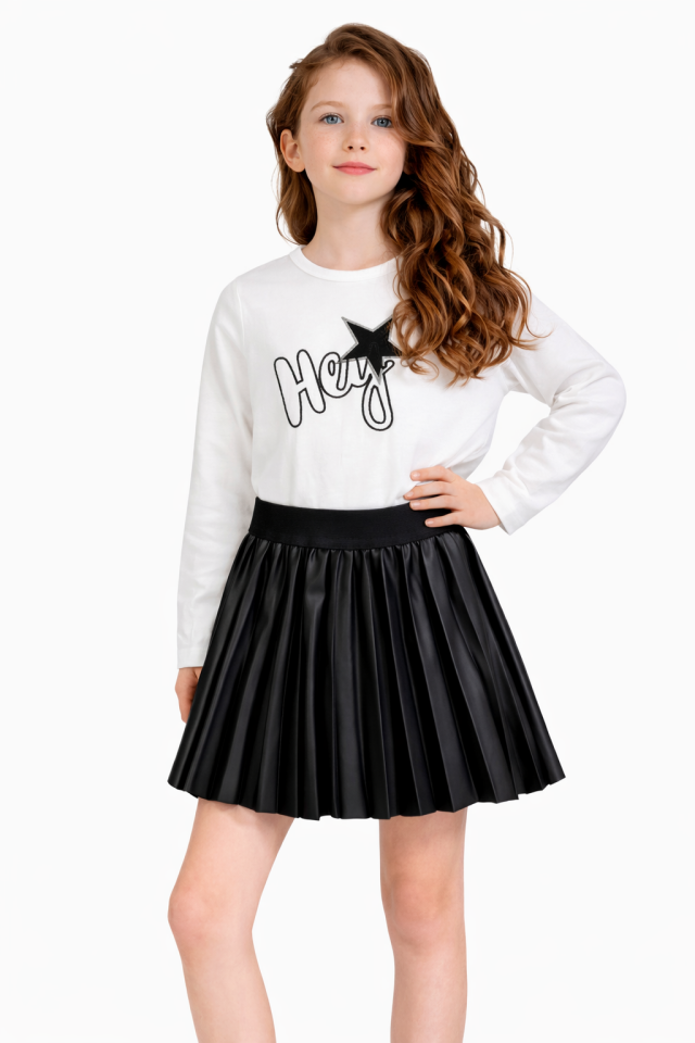 2-6 Yaş Kız Çocuk Deri Görünümlü Piliseli Etek Tişört Takım