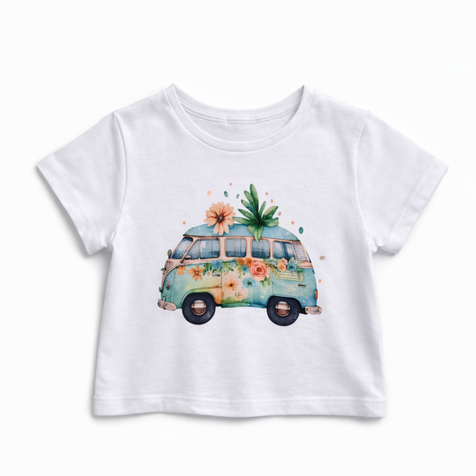 2-6 Yaş Kız Çocuk Çiçekli Minibüs Baskılı Beyaz Tişört