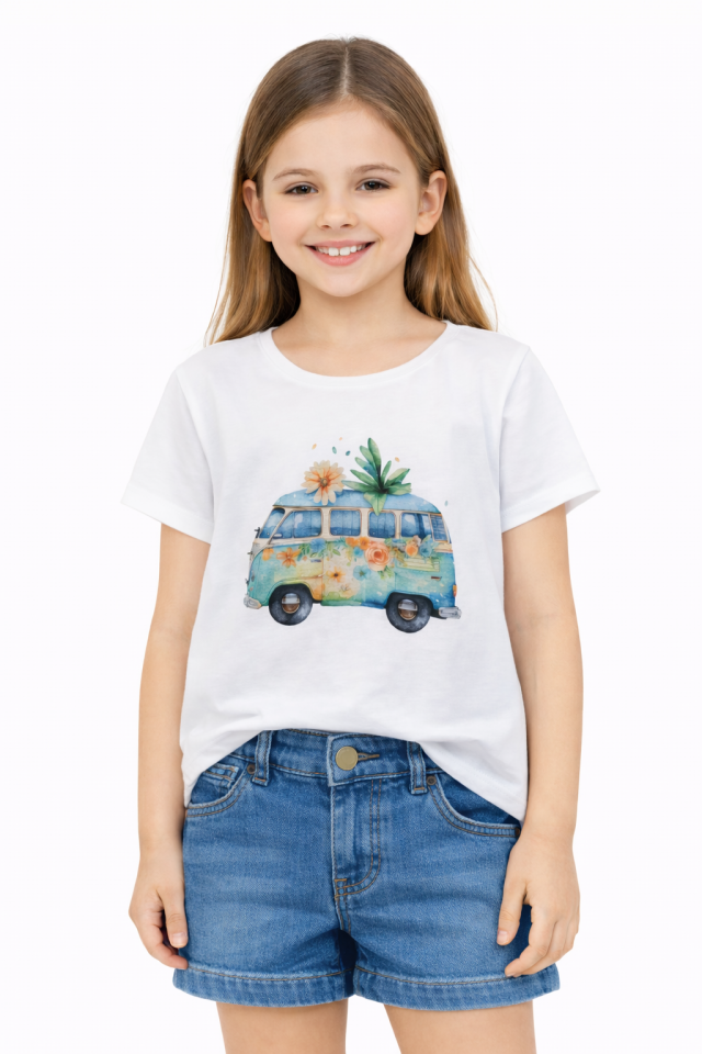 2-6 Yaş Kız Çocuk Çiçekli Minibüs Baskılı Beyaz Tişört