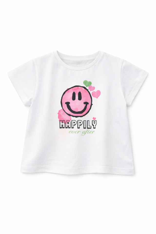 2-6 Yaş Kız Çocuk Smiley Baskılı Beyaz Tişört