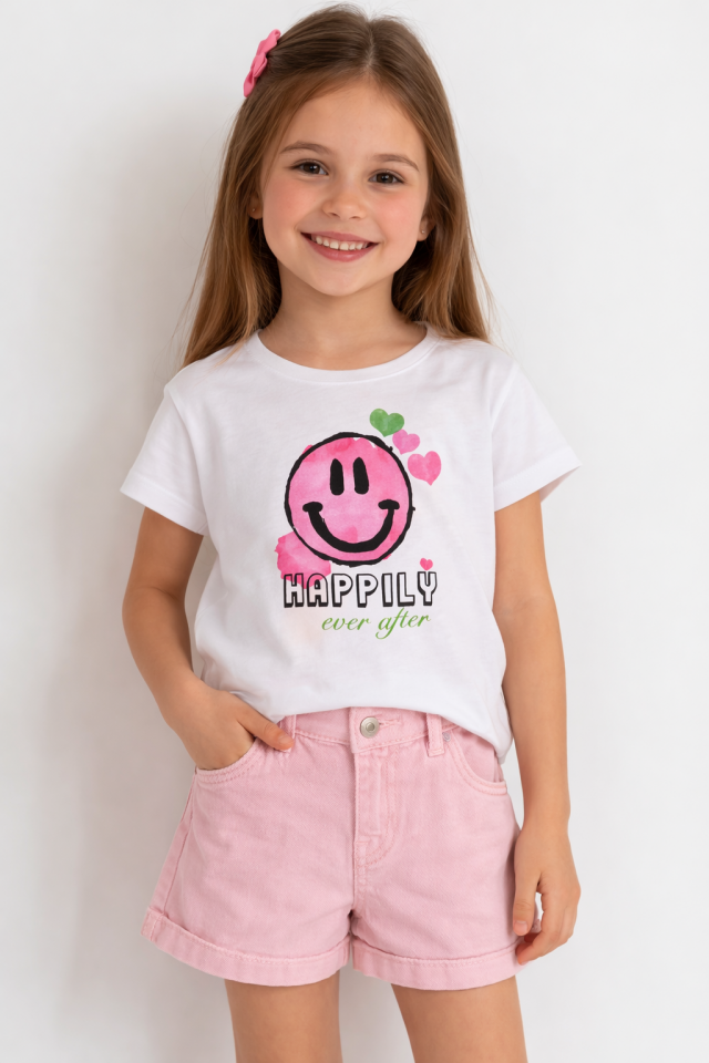 2-6 Yaş Kız Çocuk Smiley Baskılı Beyaz Tişört