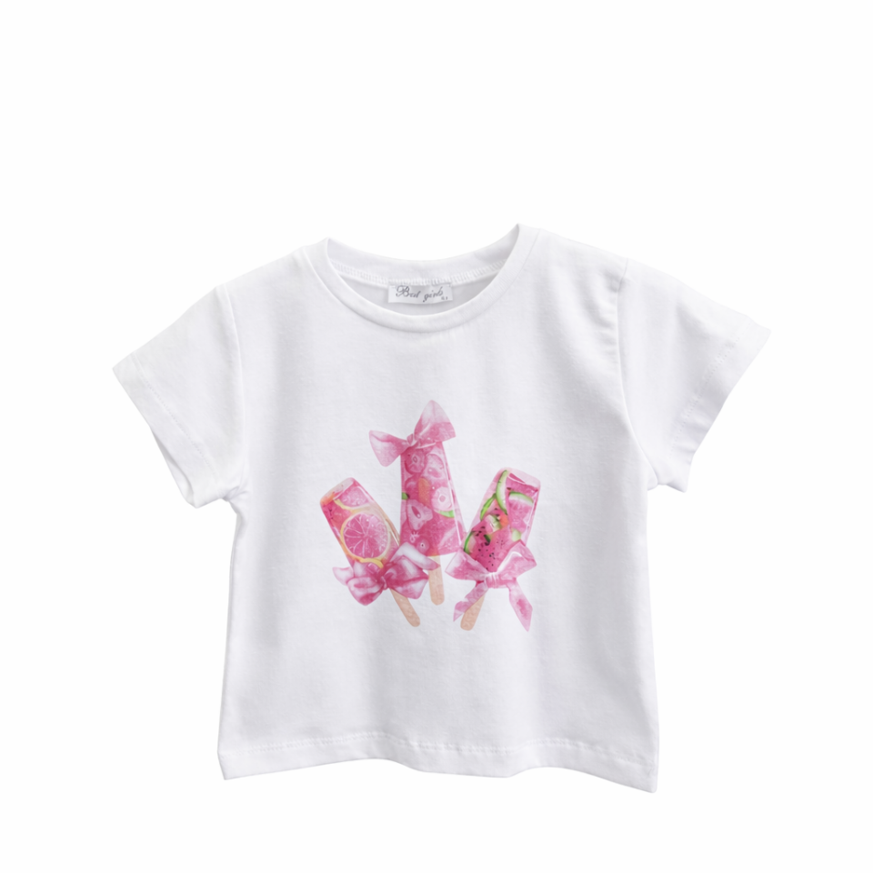 3-6 Yaş Kız Çocuk Dondurma Baskılı Beyaz Tişört