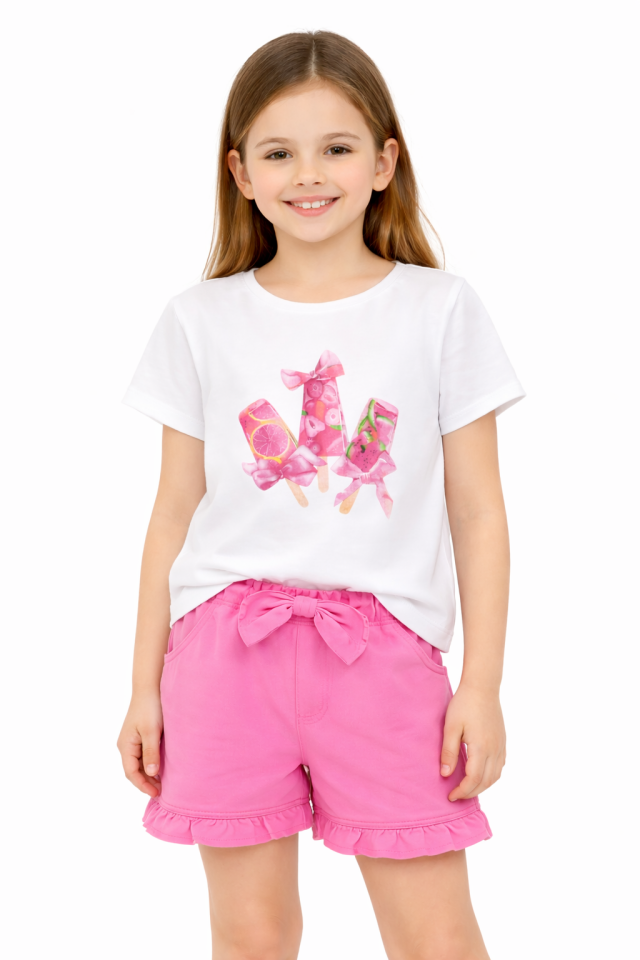 3-6 Yaş Kız Çocuk Dondurma Baskılı Beyaz Tişört