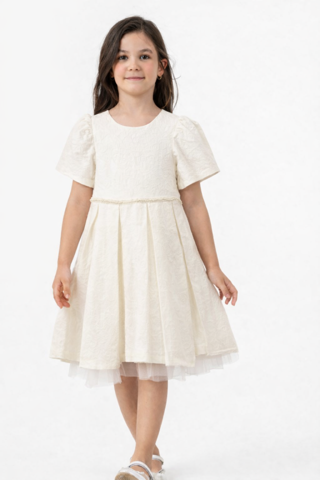 3-8 Yaş Kız Çocuk Ekru Kabartmalı Tül Detaylı Elbise