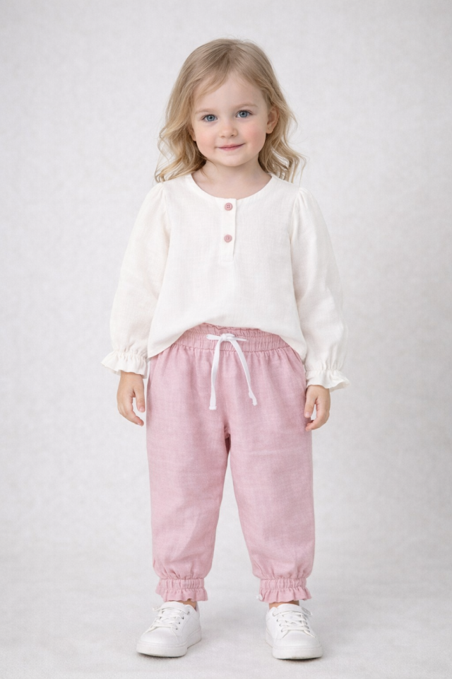 2-6 Yaş Kız Çocuk Müslin Bluz Pudra Pantolon Takım