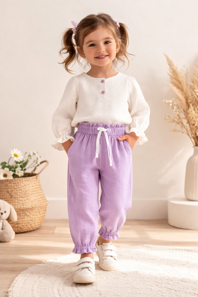 2-6 Yaş Kız Çocuk Lila Müslin Pantolon