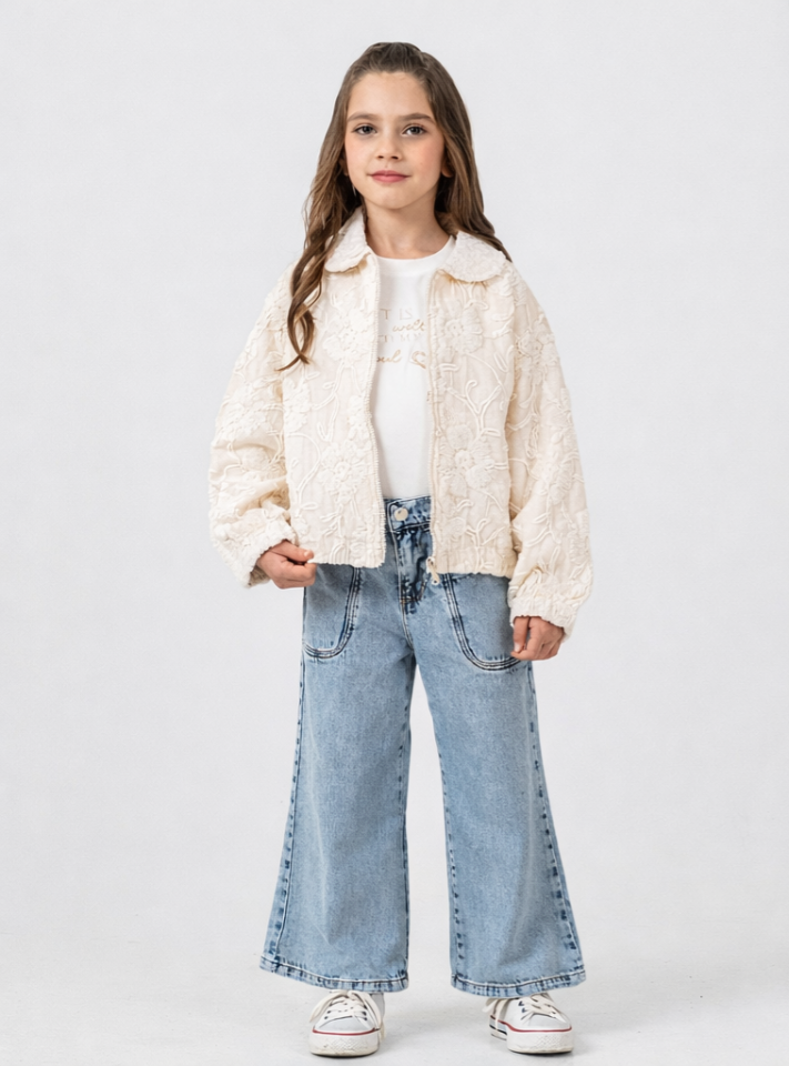 4-8 Yaş Kız Çocuk Ekru Ceket Tişört Jean Pantolon Kombin