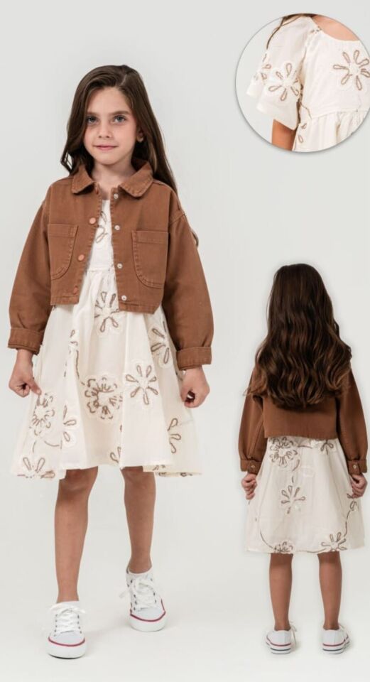 4-8 Yaş Kız Çocuk Nakışlı Elbise Kahverengi Denim Ceket Kombin