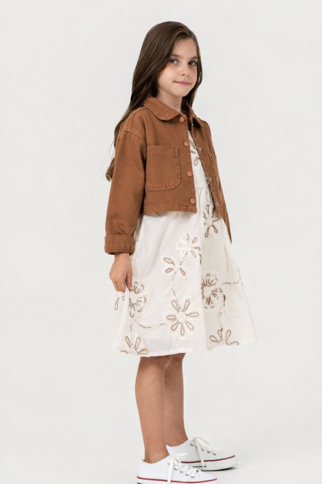 4-8 Yaş Kız Çocuk Nakışlı Elbise Kahverengi Denim Ceket Kombin