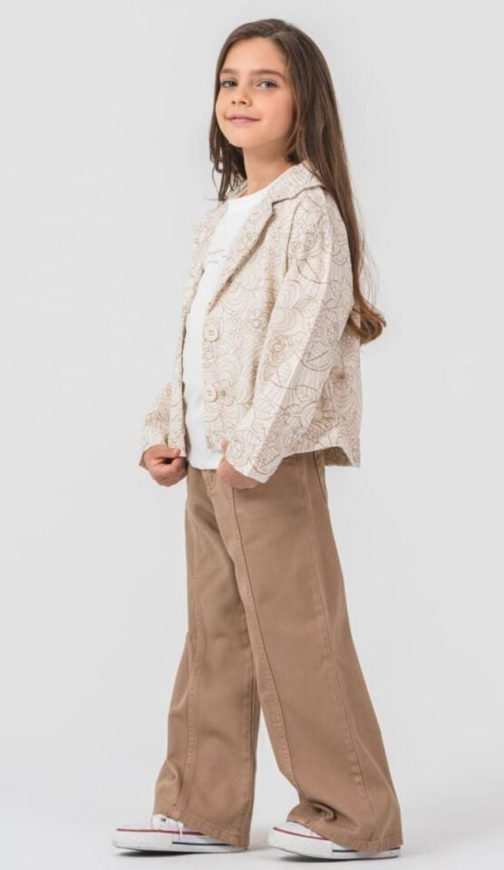 4-8 Yaş Kız Çocuk Desenli Ceket Tişört Kahverengi Denim Pantolon Takım