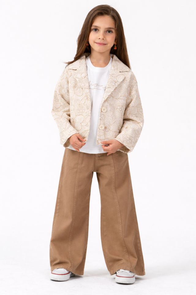 4-8 Yaş Kız Çocuk Desenli Ceket Tişört Kahverengi Denim Pantolon Takım