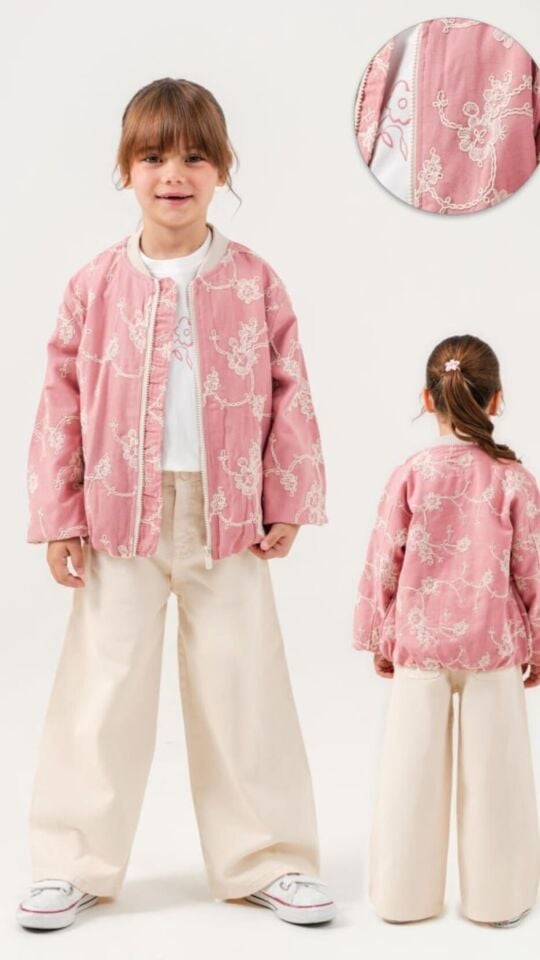 4-8 Yaş Kız Çocuk Nakışlı Pembe Ceket Tişört Denim Pantolon Takım