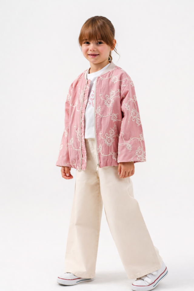 4-8 Yaş Kız Çocuk Nakışlı Pembe Ceket Tişört Denim Pantolon Takım