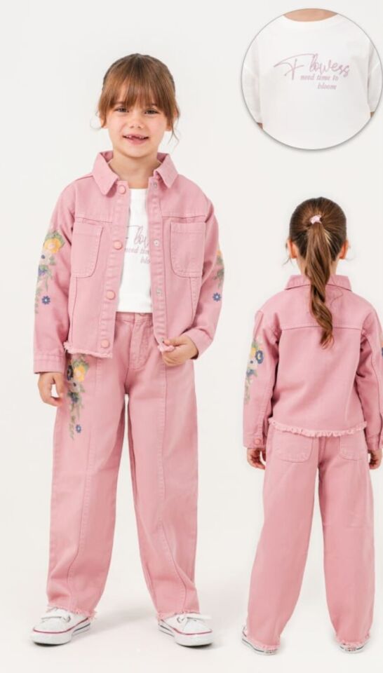 4-8 Yaş Kız Çocuk Nakışlı Denim Takım Kot Ceket Pantolon