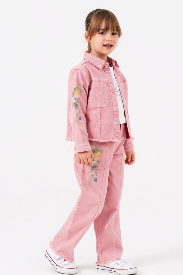 4-8 Yaş Kız Çocuk Nakışlı Denim Takım Kot Ceket Pantolon