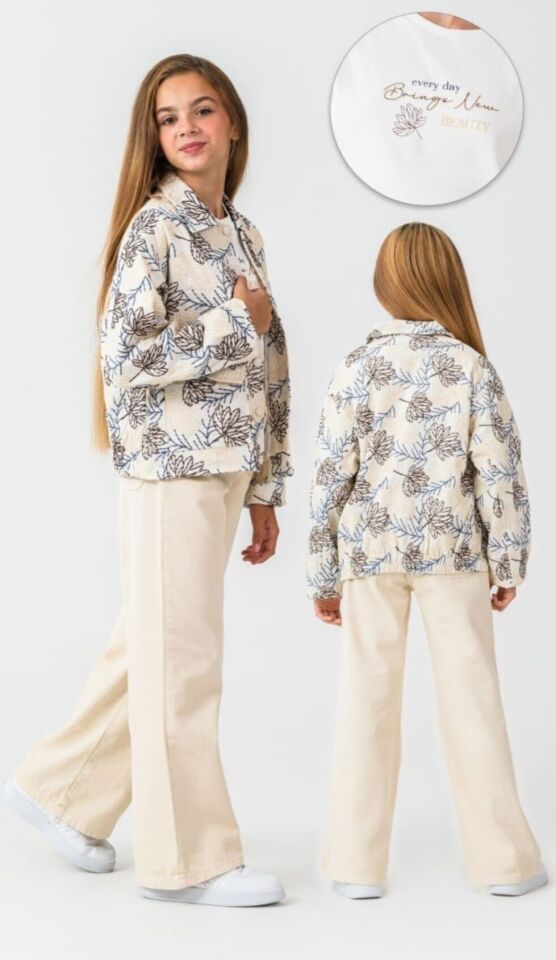 8-12 Yaş Kız Çocuk Desenli Ceket Tişört Denim Pantolon Takım