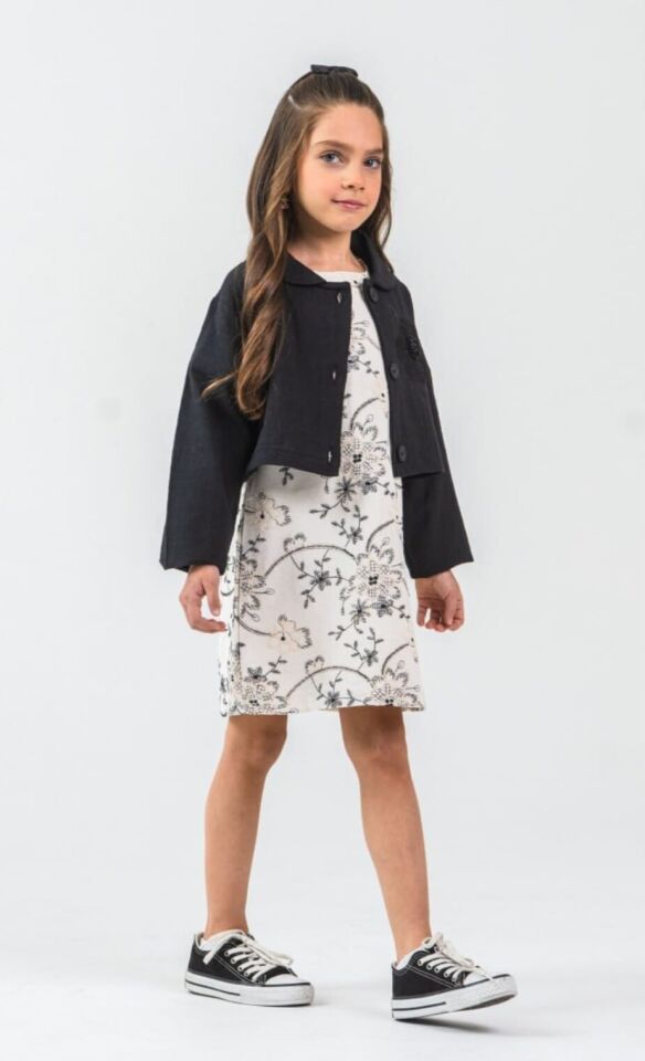 4-14 Yaş Kız Çocuk Keten Nakışlı Elbise Siyah Ceket Takım