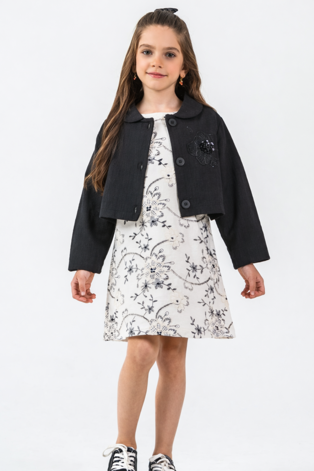 4-14 Yaş Kız Çocuk Keten Nakışlı Elbise Siyah Ceket Takım