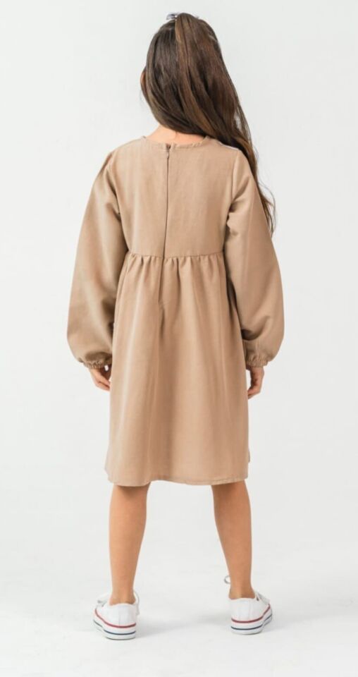 4-8 Yaş Kız Çocuk Nakışlı Uzun Kollu Sütlü Kahve Elbise