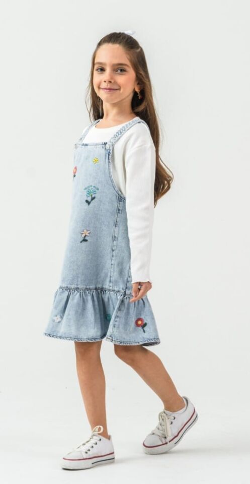 18 Ay-6 Yaş Kız Çocuk Kot Salopet Elbise Takımı Açık Mavi Nakışlı