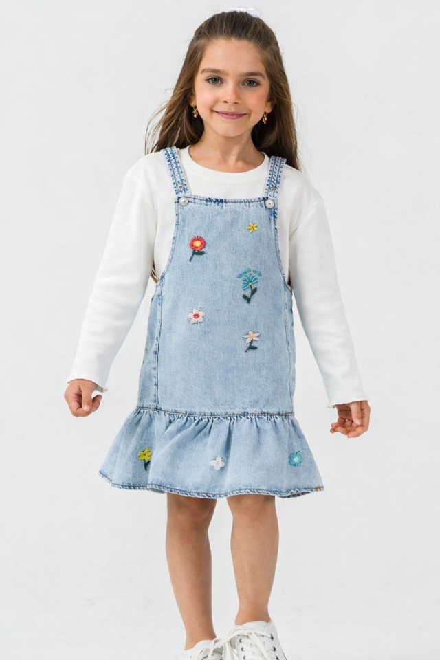 18 Ay-6 Yaş Kız Çocuk Kot Salopet Elbise Takımı Açık Mavi Nakışlı