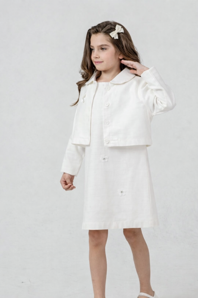 4-8 Yaş Kız Çocuk Ekru Elbise ve Ceket Takımı Şık Özel Gün Elbisesi