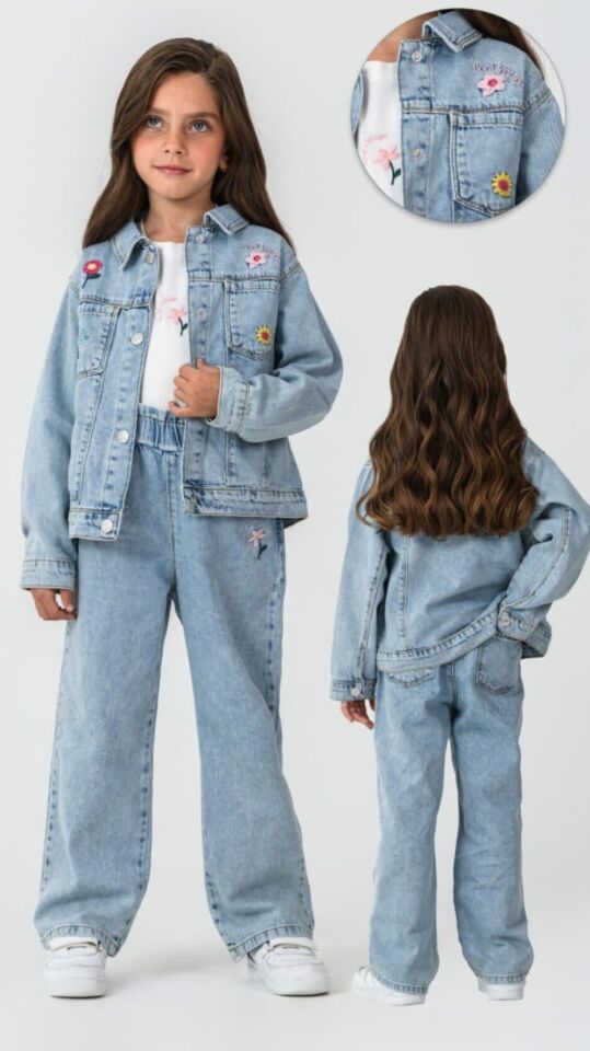 18 Ay-6 Yaş Kız Çocuk Nakışlı 3’lü Kot Takım Rahat Şık Kombin