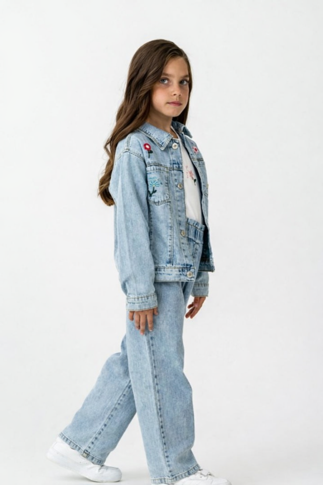 18 Ay-6 Yaş Kız Çocuk Nakışlı 3’lü Kot Takım Rahat Şık Kombin