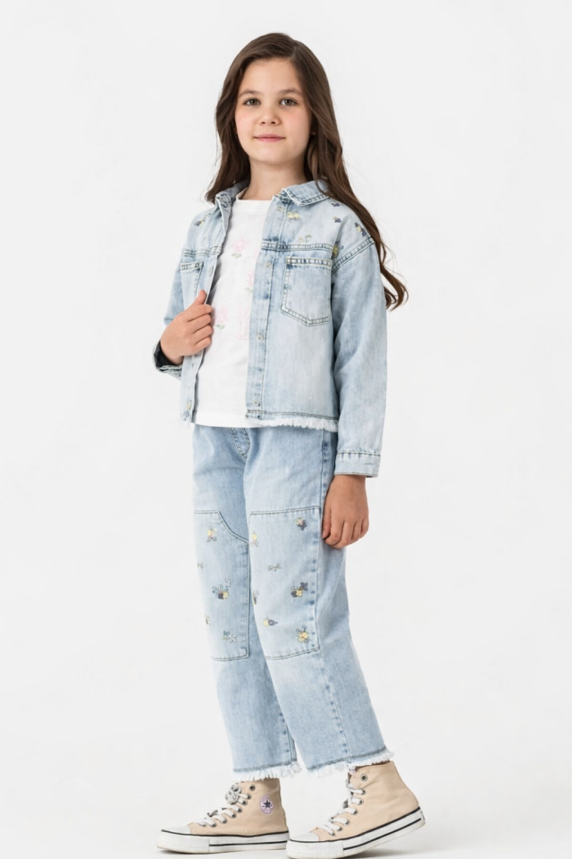 4-8 Yaş Kız Çocuk Nakışlı 3’lü Kot Takım Rahat Günlük Kombin