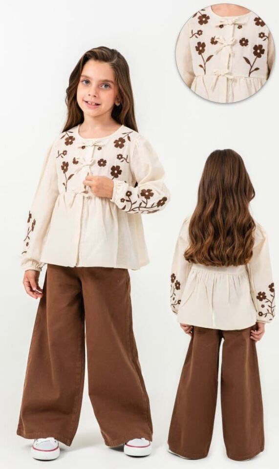 4-8 Yaş Kız Çocuk Çiçek Nakışlı Bluz Kahverengi Denim Pantolon Takım