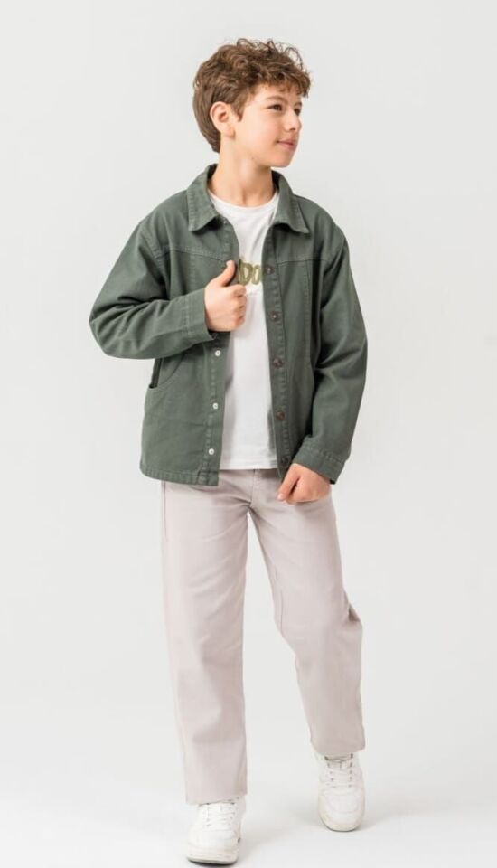 9-14 Yaş Erkek Çocuk Yeşil Kot Ceketli Takım