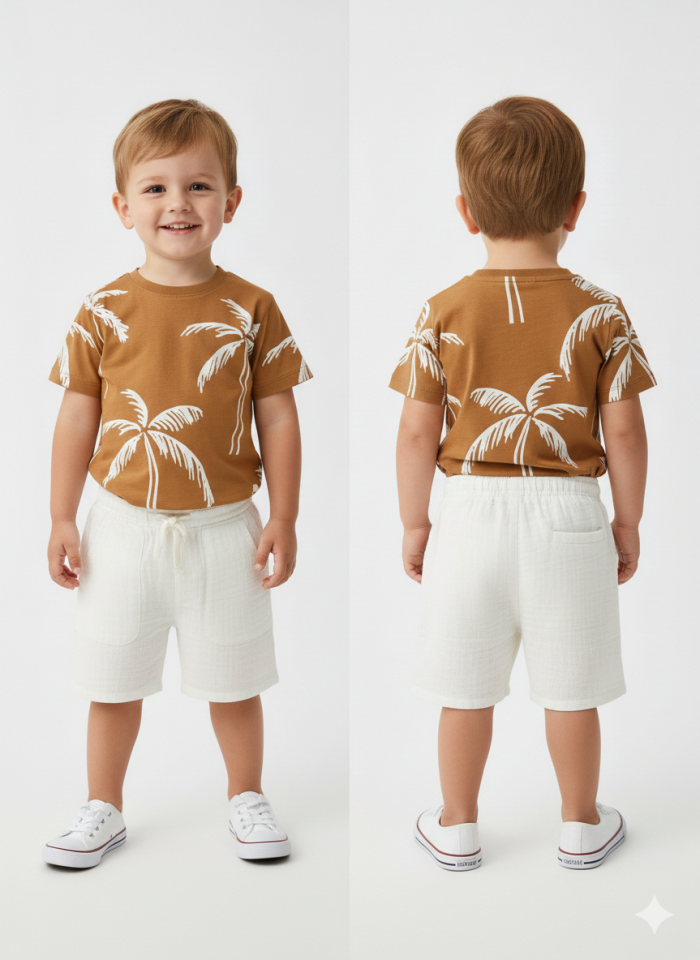 3-9 Yaş Erkek Çocuk Palmiye Desenli Tişört Müslin Şort Takım