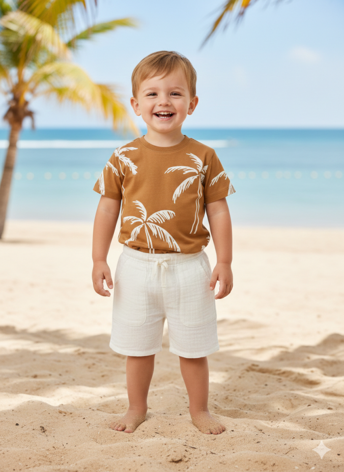 3-9 Yaş Erkek Çocuk Palmiye Desenli Tişört Müslin Şort Takım