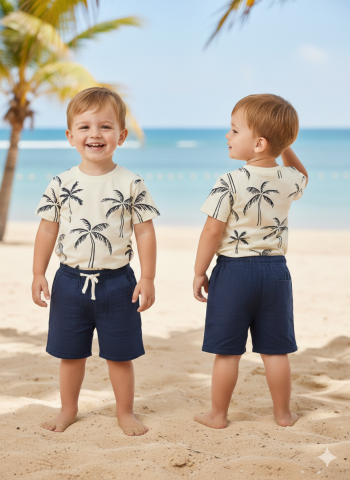 3-9 Yaş Erkek Çocuk Palmiye Desenli Tişört Müslin Şort Takım