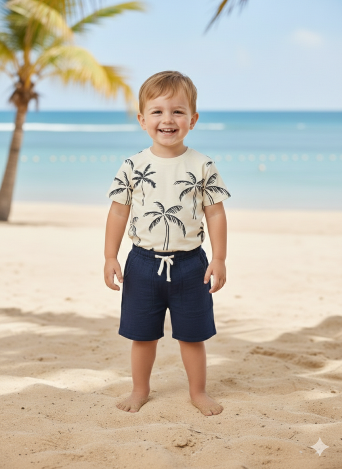 3-9 Yaş Erkek Çocuk Palmiye Desenli Tişört Müslin Şort Takım