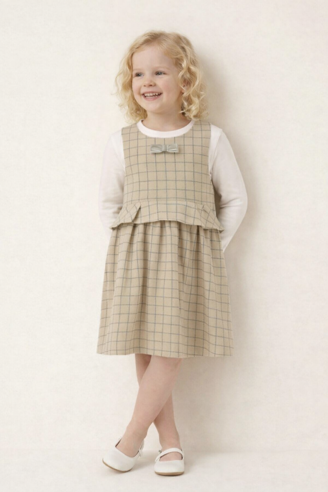 3-8 Yaş Kız Çocuk Ekose Desenli Uzun Kollu Elbise