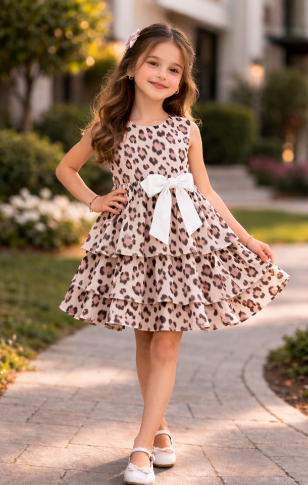 2-7 Yaş Kız Çocuk Leopar Desenli Fırfırlı Elbise