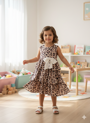 2-7 Yaş Kız Çocuk Leopar Desenli Fırfırlı Elbise