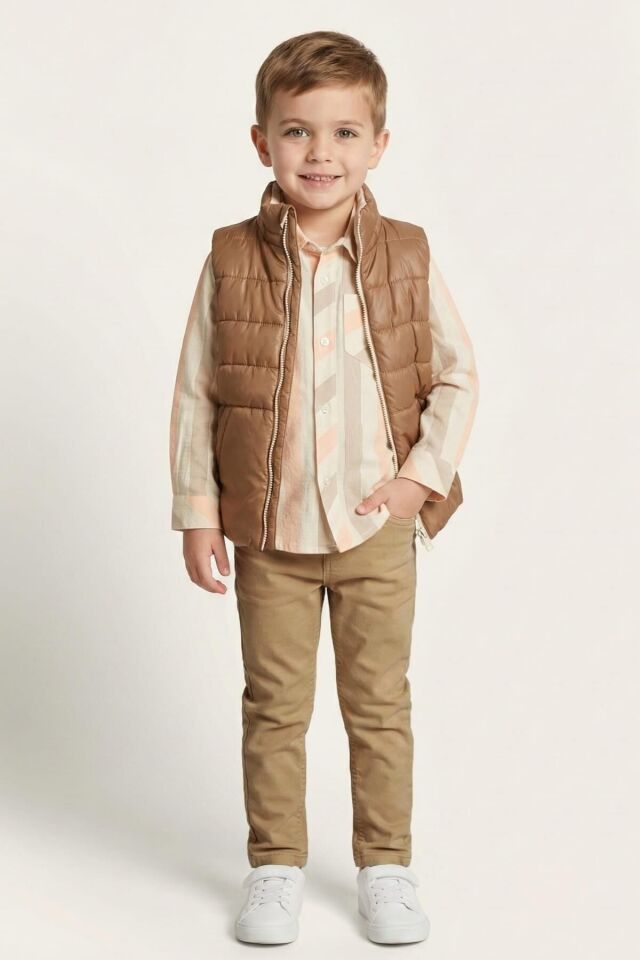 2-8 Yaş Erkek Çocuk Çift Taraflı Şişme Yelekli Gömlek Pantolon Takım