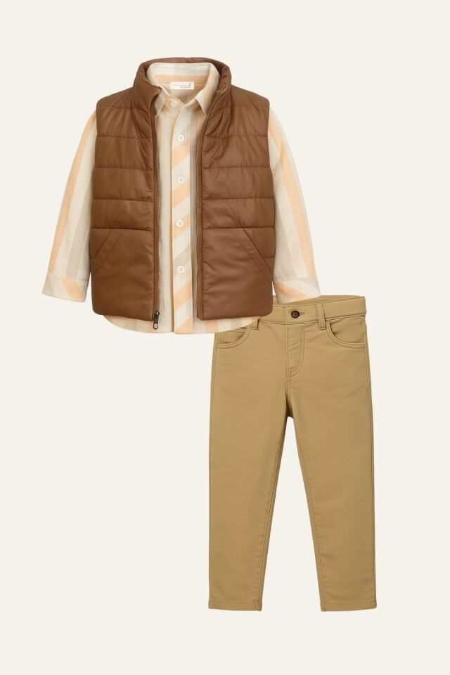 2-8 Yaş Erkek Çocuk Çift Taraflı Şişme Yelekli Gömlek Pantolon Takım