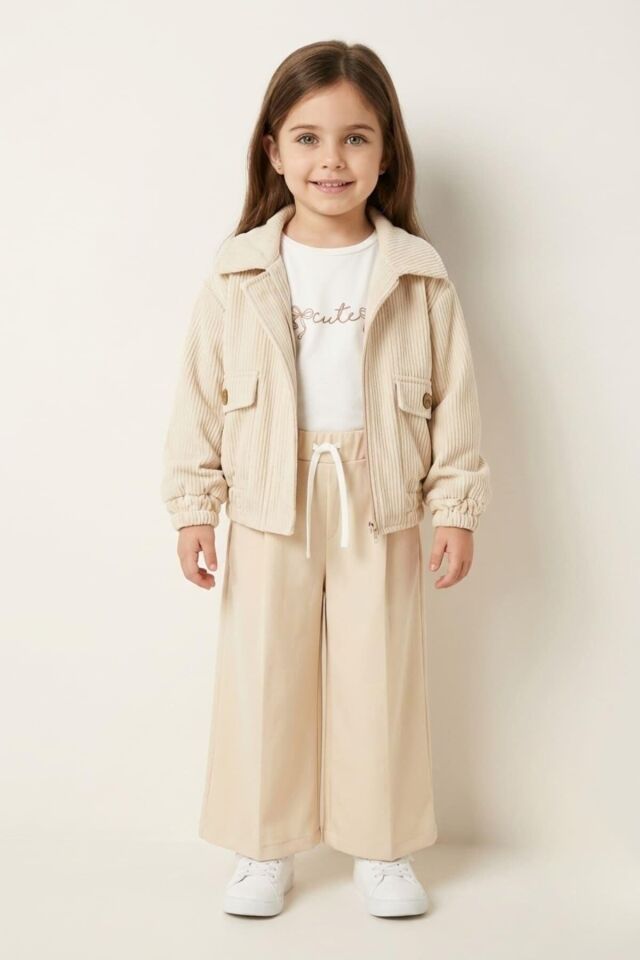 2-7 Yaş Kız Çocuk Bej Fitilli Ceket Pantolon 3’lü Takım