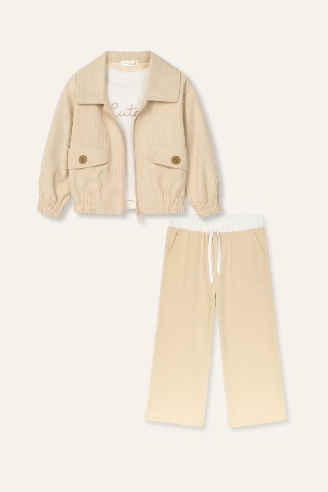 2-7 Yaş Kız Çocuk Bej Fitilli Ceket Pantolon 3’lü Takım