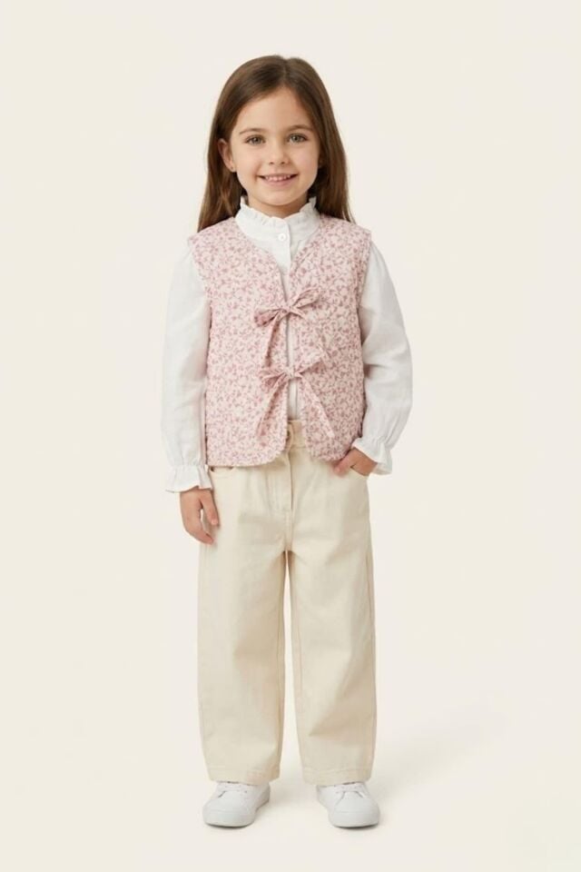 2-8 Yaş Kız Çocuk Çiçek Desenli Yelekli 3’lü Takım
