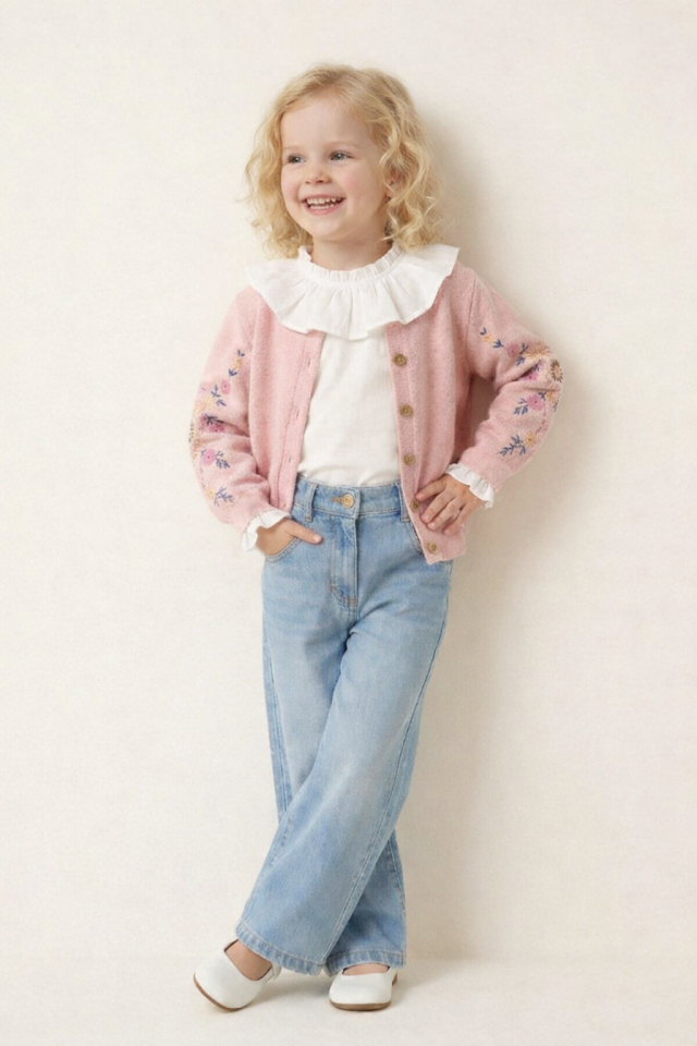 2-8 Yaş Kız Çocuk Çiçek Nakışlı Triko Hırka Jean Pantolon Takım