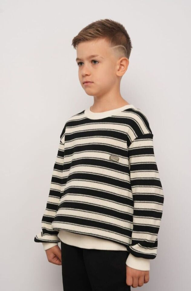 8-14 Yaş Erkek Çocuk Siyah Ekru Çizgili Örme Sweatshirt