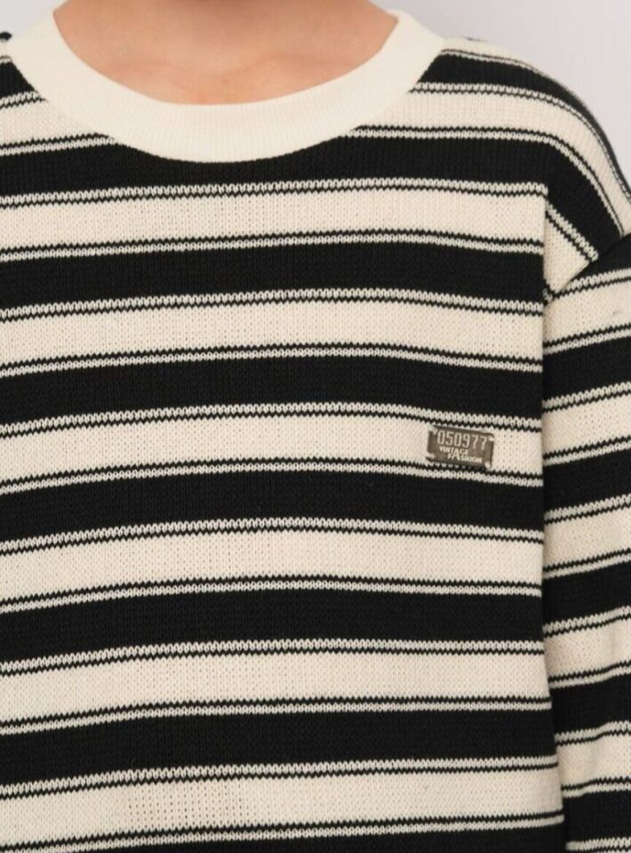 8-14 Yaş Erkek Çocuk Siyah Ekru Çizgili Örme Sweatshirt