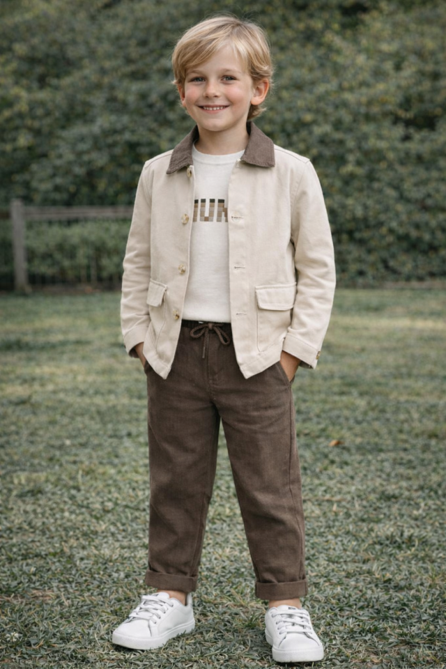 8-14 Yaş Erkek Çocuk Bej Ceket Pantolon Tişört Takım